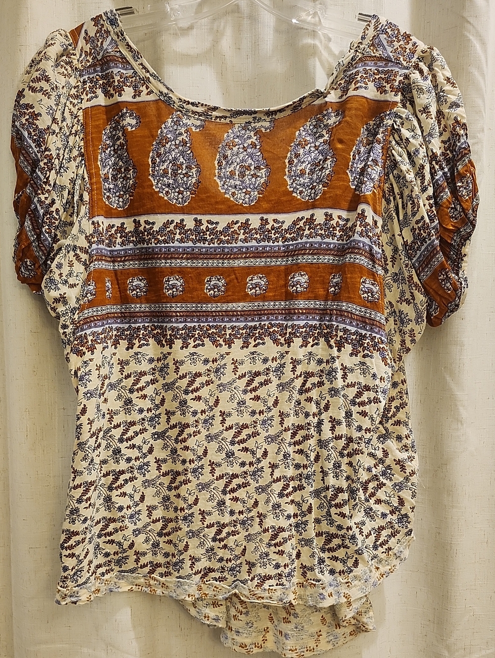 Free People Paisley Border Print Puff Sleeve Blouse in Cream and Brown Size S